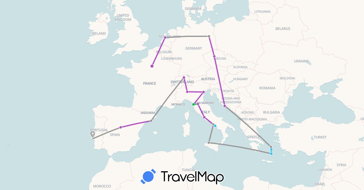 TravelMap itinerary: driving, bus, plane, train, boat in Switzerland, Czech Republic, Germany, Spain, France, Greece, Croatia, Italy, Netherlands, Portugal (Europe)